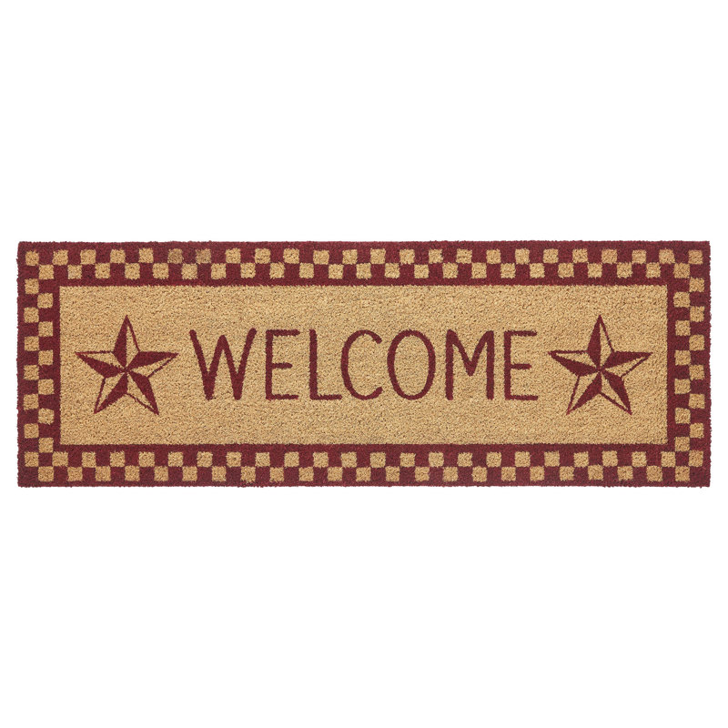 Burgundy Check Stars Coir Welcome Rug Rect, 17" W x 48" L