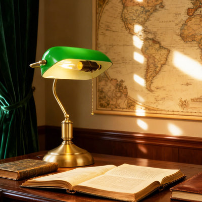 13 '' H Vintage Bankers Lamp With Pull Chain Switch， Green Glass Table Lamp