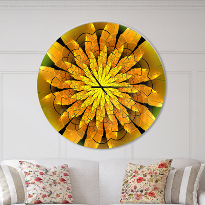 Bright Yellow Fractal Flower on Green - Modern wall clock