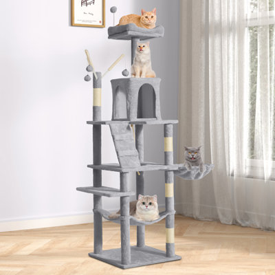 Arbre à chat 64,5 "à niveaux multiples avec poteaux à griffer, hamac perchoir et boules suspendues ludiques