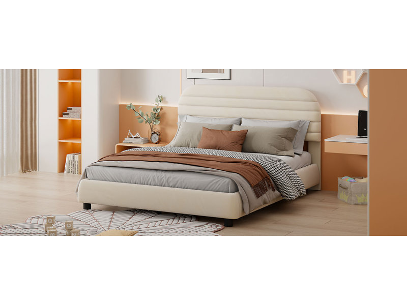 Lit plateforme tapissier en velours, structure solide et conception courbée élégante, Beige