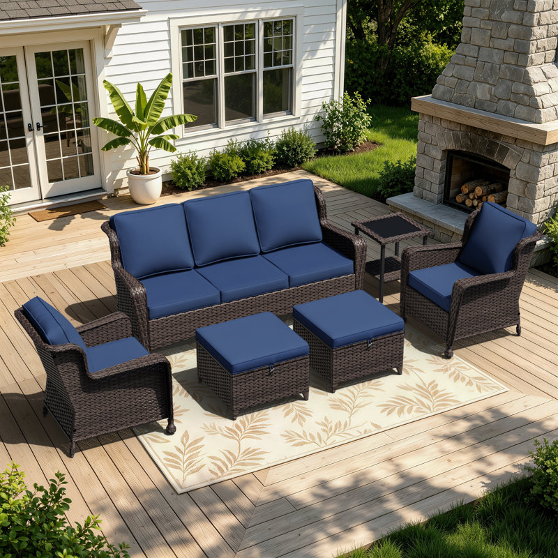 5-Person Patio PE Wicker Furniture Set with Side Table, 3-Seat Sofa, 2 Armchairs and 2 Ottomans with Blue Cushions, Blue