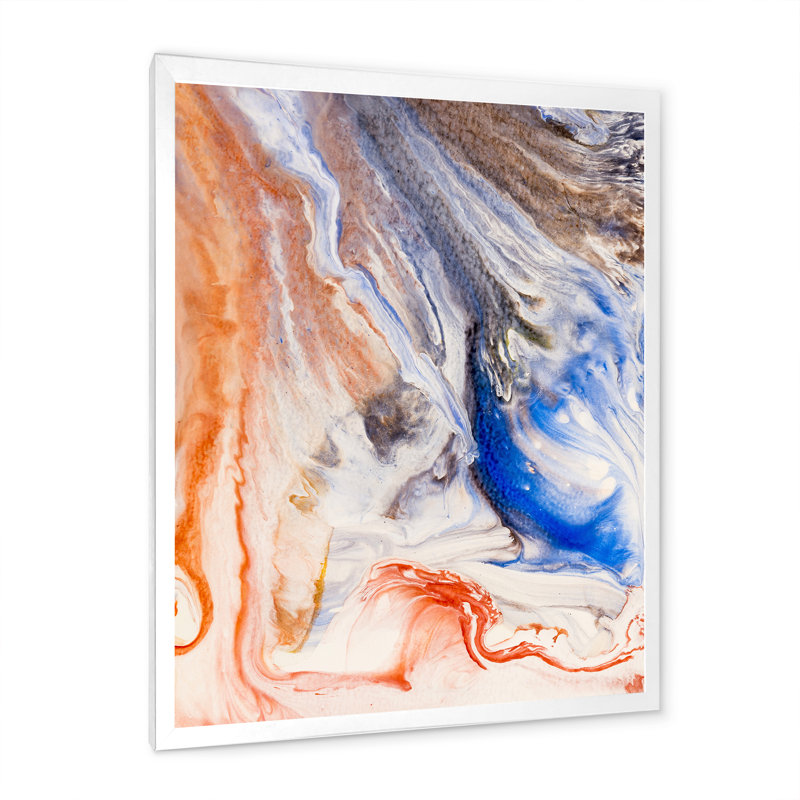 Orange et bleu, vagues de marbre liquide - reproduction sur toile, H 32 po x l 16 po, Toile blanche avec cadre d'angle fermé