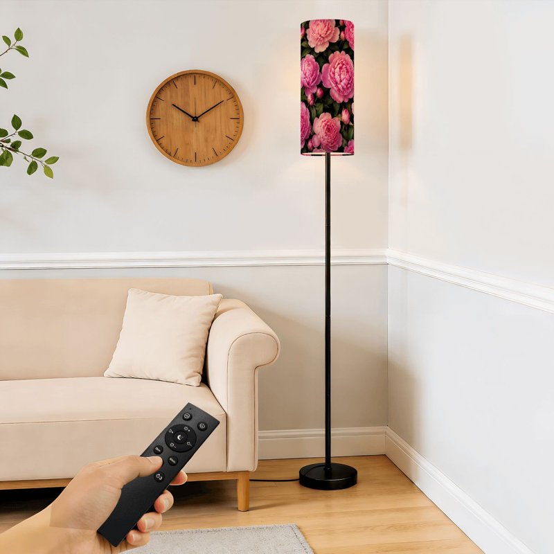 Lampe sur pied avec pivoines roses transparentes à intensité variable avec télécommande et interrupteur au pied avec abat-jour