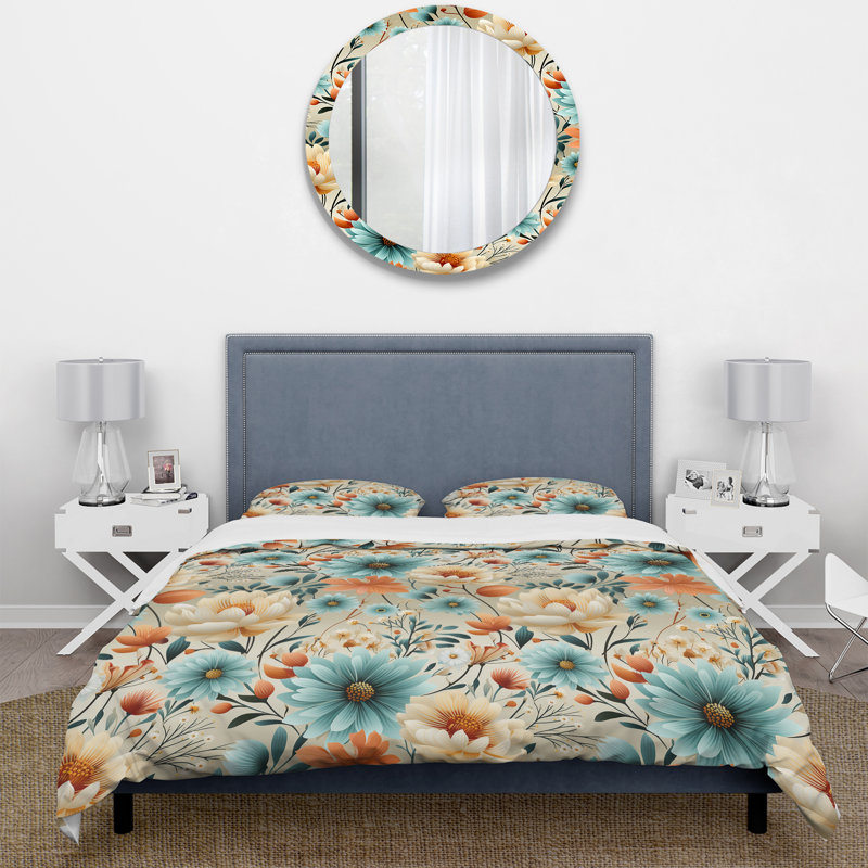 Blue Boho Floral Harmony I - Ensemble de housse de couette à motif floral, Housse de couette simple + 1 taie décorative stan