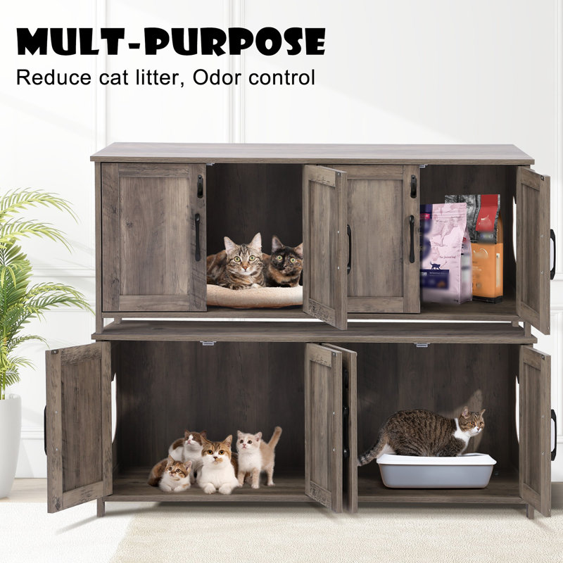 Rustic Gray Wooden Cat Litter Box Enclosure with Dual Chambers