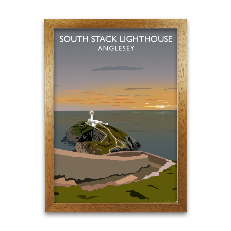 South Stack Lighthouse Anglesey Sunset by Richard O'Neill - Single Picture Frame Print, 42 cm H x 297 cm W, Honey Oak