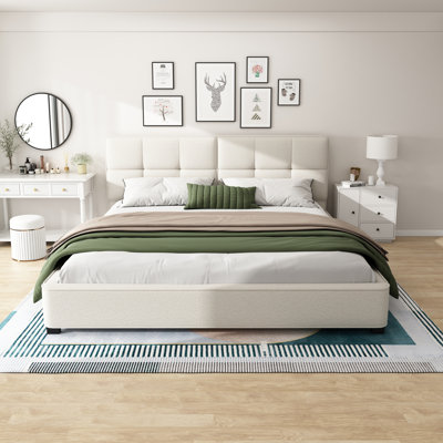 King Size Boucle Bed Frames, Upholstered Platform Bed With Curved Tufted Headboard, Soft Square Corners, Beige