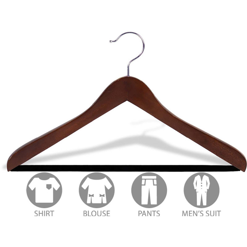 Support en bois pour costume avec barre à pantalon anti-dérapante, Noyer / Chrome, 50