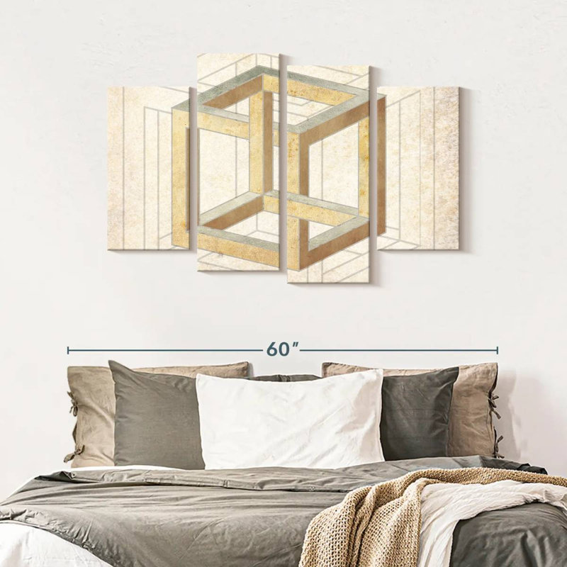 Abstract Geometric Cream Cube Illusion Multi Piece Canvas Print On Canvas 4 Pieces by Jonathan A. Set