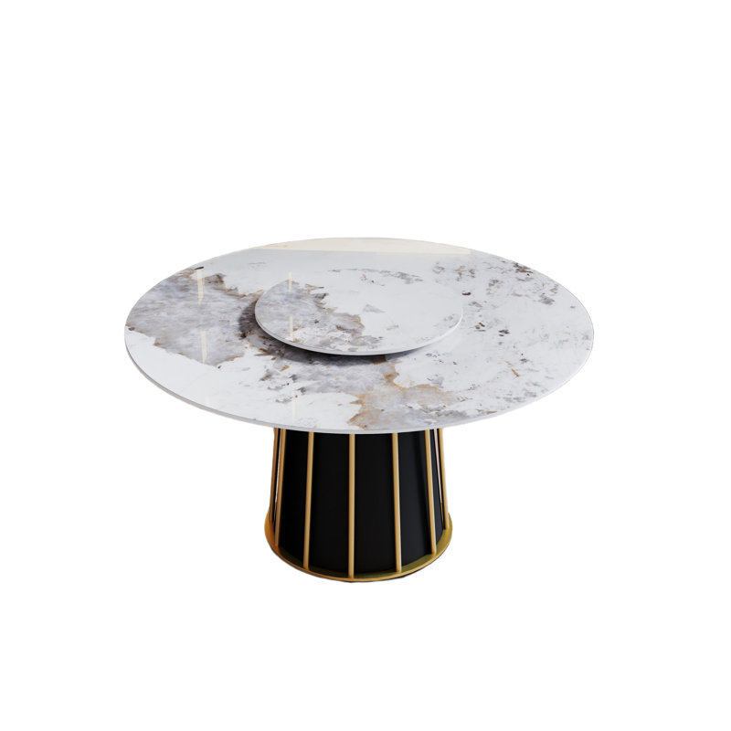 Table de salle à manger ronde en pierre frittée avec plateau tournant, H 29,53 po x L 53,15 po x l 53,15 po, Pandora