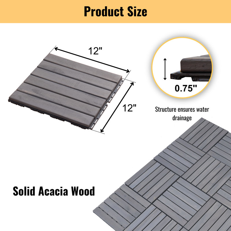 Carreaux de terrasse entrecroisés à motif rayé, plancher de bois franc d'acacia carré 12 po x 12 po pour patio, banc, bord de piscine, ...