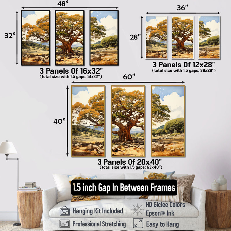 Tree Oaks Simplicity - ensemble de reproduction d'art mural chêne, Cadre flottant doré, H 28 po x l 36 po x P 1 po