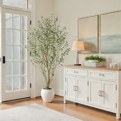 5/6/7/8/9ft Grand Artificial Olive Tree in White Planter - Large Faux Multi-Trunk Floor Plant for High Ceilings - Minimalist & Modern