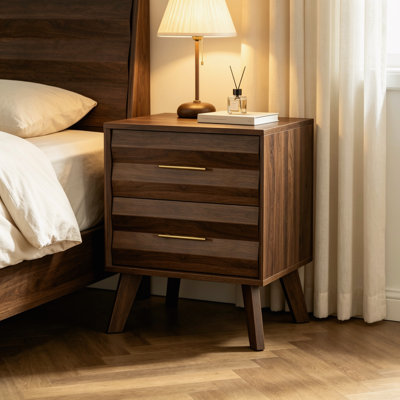 Table de chevet moderne en noyer avec tiroirs doubles, table de chevet simple en bois avec poignées en métal