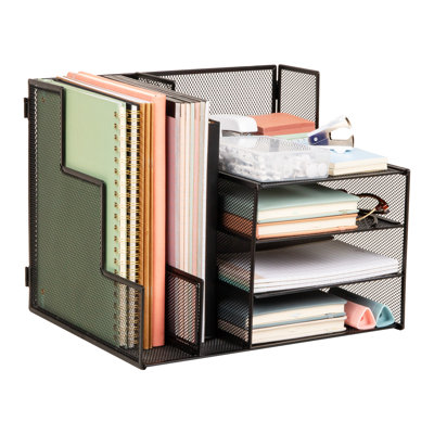  Organisateur de bureau en métal, 2 porte-classeurs verticaux et 3 tablettes coulissantes, rangement de bureau pliable, organisateur de bureau, noir