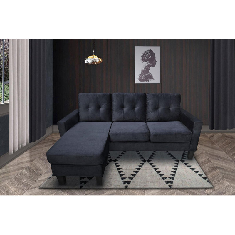 Ollice 3 Seater Velvet Sofa & Chaise, Black