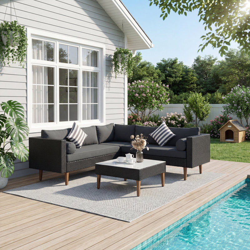 Ensemble de conversation de patio en rotin en osier de 4 pièces pour l'extérieur, avec pattes en bois robustes pour le patio