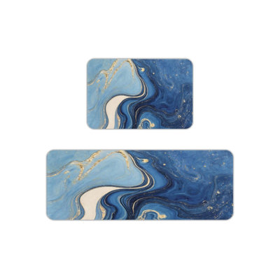 Blue Gold Fluid Marble Kitchen Mats 2 Pcs,  Floor Rugs For Bathroom & Kitchen
