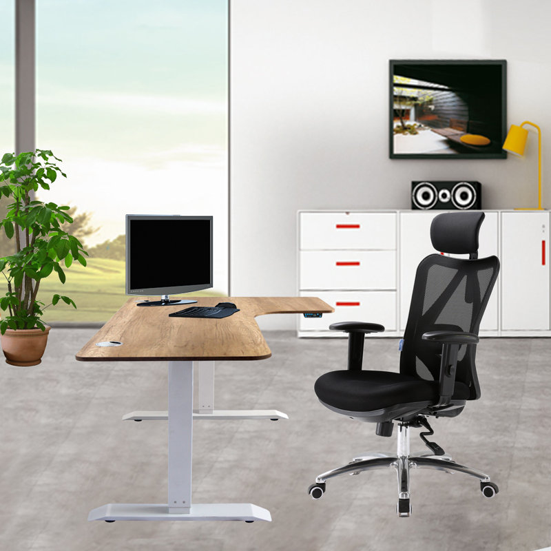 Bureau debout à hauteur réglable en L, Chêne / Blanc