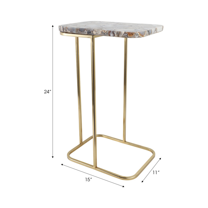 Side Table with Agate Top and Gold Metal Base, C-Shaped End Table for Living Room, Modern Accent Table, 24", Black
