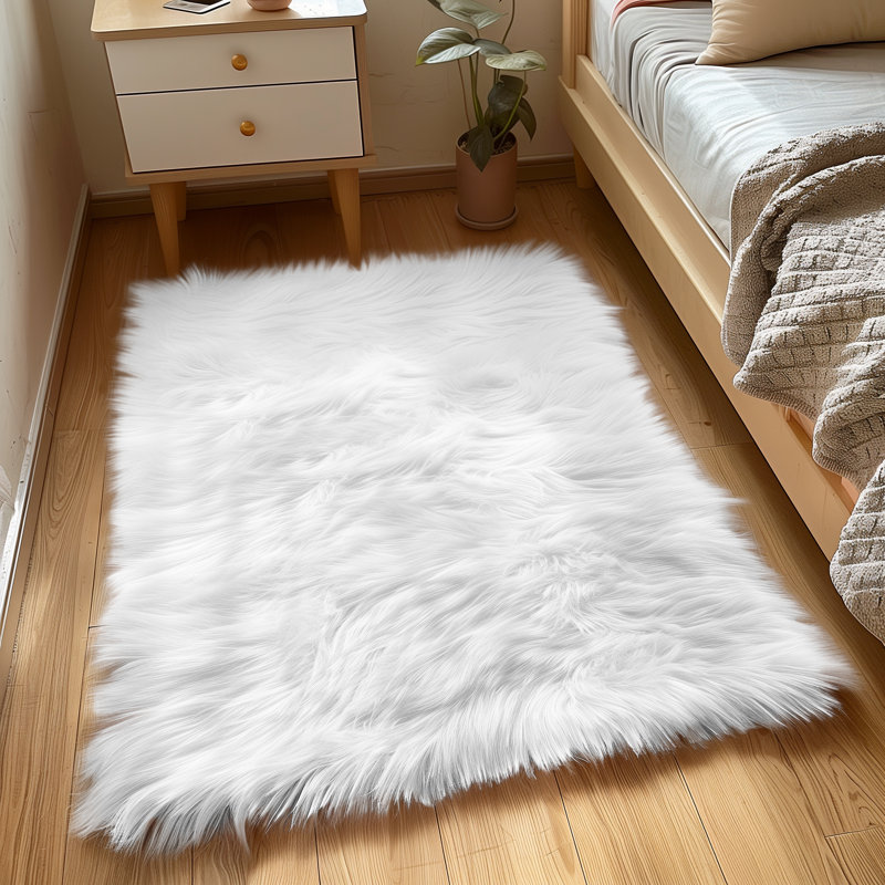 Tapis blanc à poils longs Haja Fluffy, Rectangle 3 pi x 5 pi