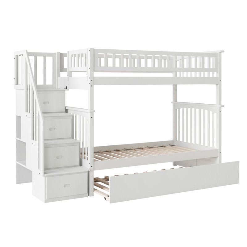 Lit superposé avec rangement gigogne en bois massif Blaisdell, Simple sur simple, Blanc