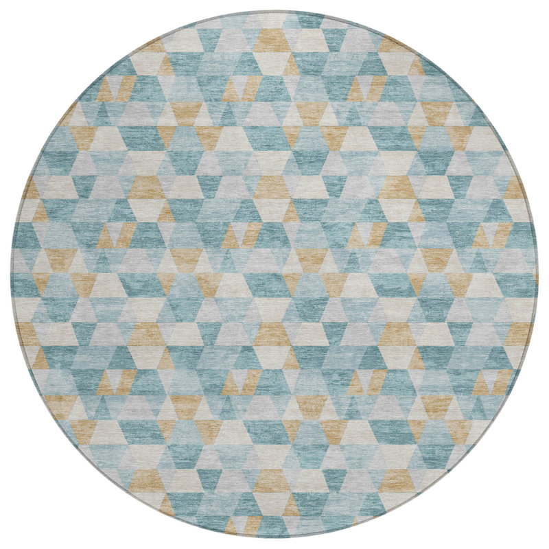 Machine Washable Indoor/Outdoor Chantille ACN2694 Geometric Rug, Sarcelle, Rond 8 pi