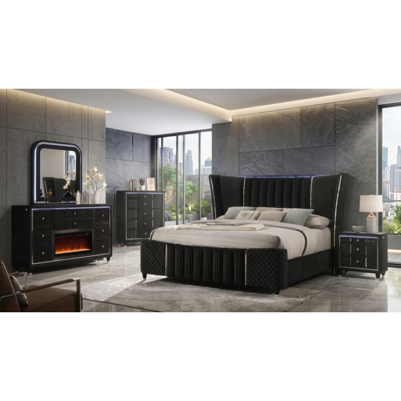 Ensemble de chambre à coucher Ottilie noir pour lit queen, 4 pièces