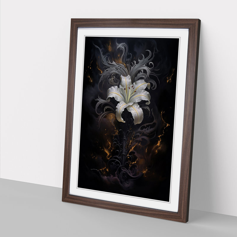 Lily Flower Gothic - Single Picture Frame Print on Wood, 46cm H x 34cm W x 2cm D, Walnut Framed