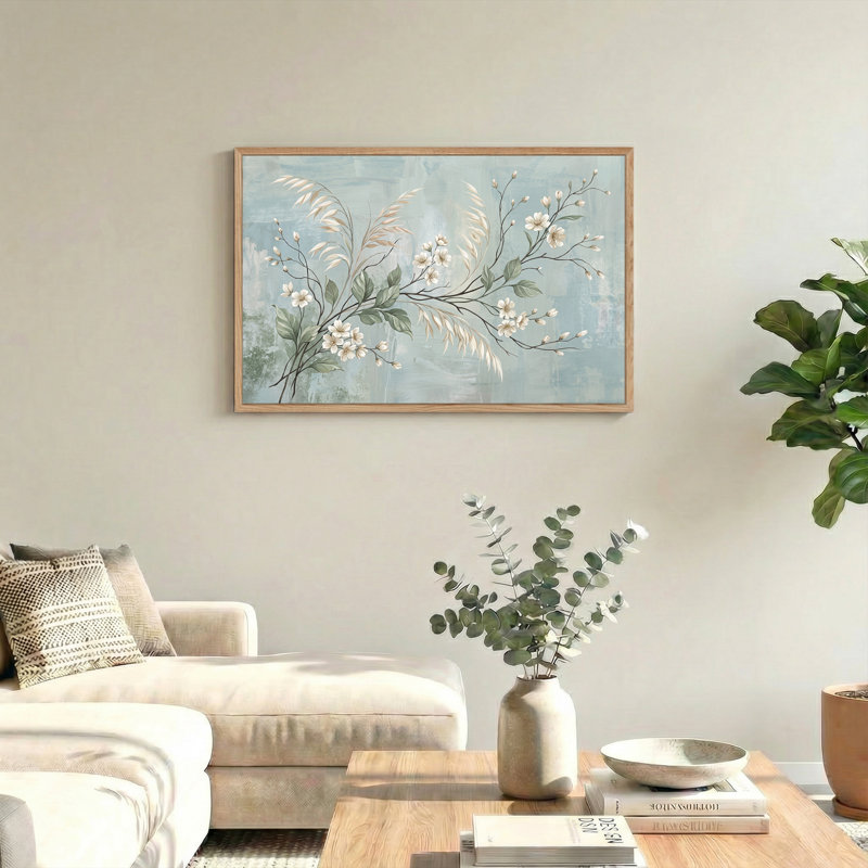 Art mural sur toile, branches de fleurs blanches et feuilles vertes sur fond bleu, H 24 po x l 36 po