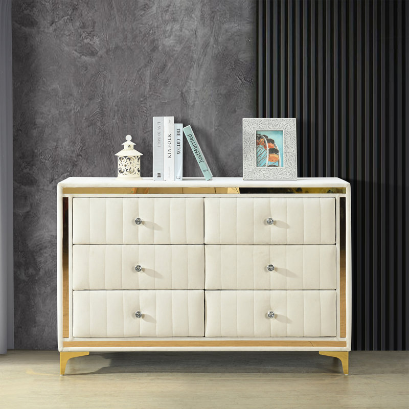 Scher Velvet 6 Drawer Dresser Fully Assembled with Gold Legs and Trim, Cream