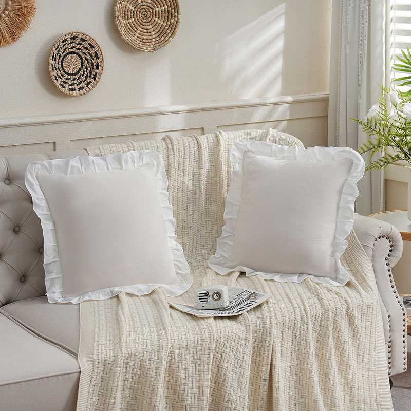 Beige Pillow Shams Standard Pillowcases 20x26inch Beige and White Reversible Cute Pillow Cover Set of 2 Soft Ruffled Pillowcases
