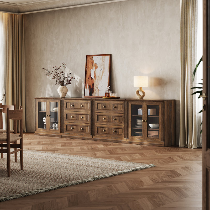 Buffet modulaire moderne Monos avec vitrines et meuble bas à 3 tiroirs, noyer, Brun