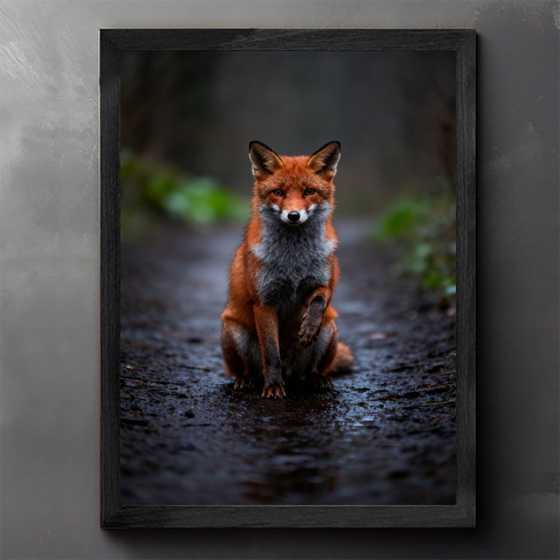 Black Framed Vintage Smart and mysterious red fox Wall Art Retro Style Framed Prints, 25" H x 17" W