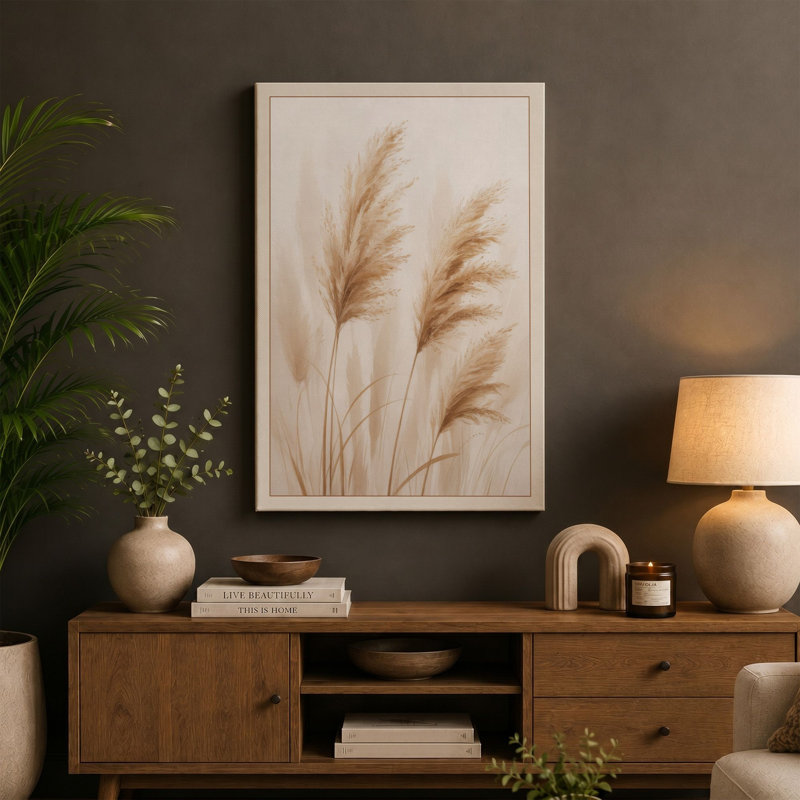 Delicate Pampas Plumes Botanical - Wrapped Canvas, 24x16 - 61.0 x 40.6 cm, Ochre Border