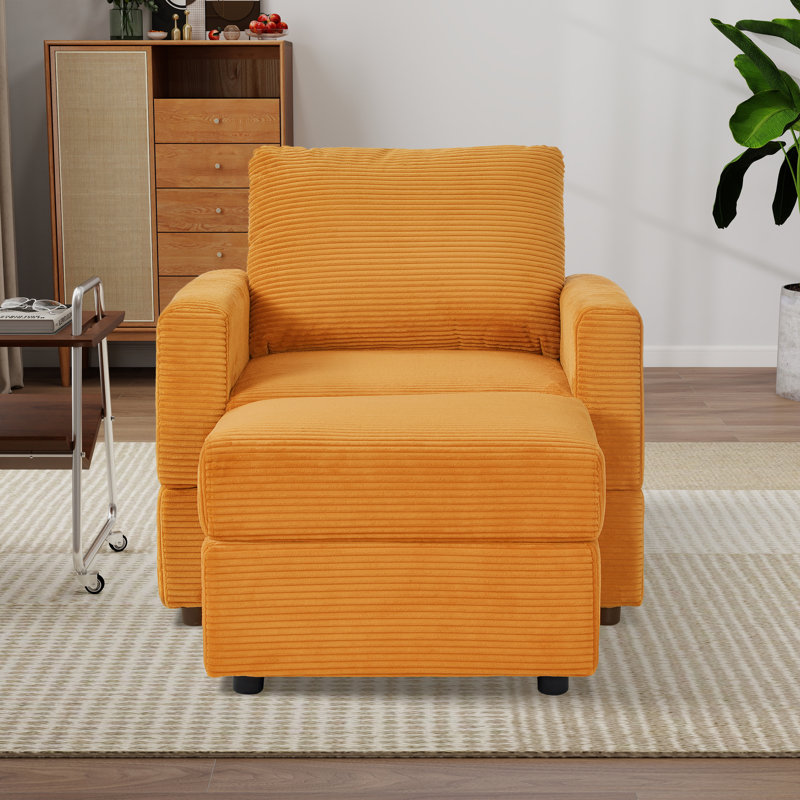 Chaise longue d'appoint à accoudoirs carrés avec repose-pieds en velours côtelé, Jaune