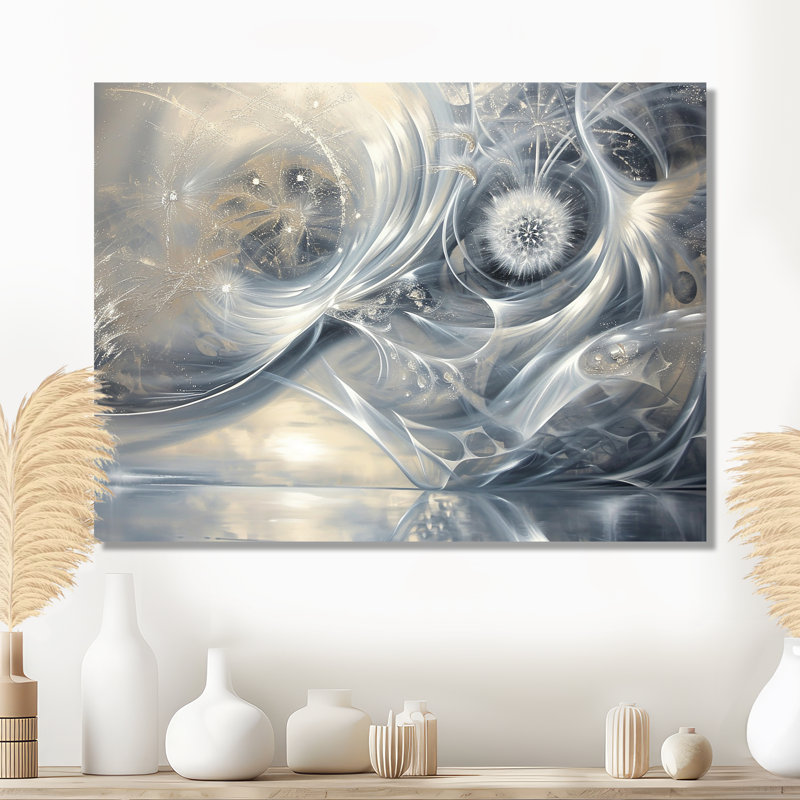 Silvers Swirling Dandelion Universe - paysage abstrait, art mural, Métal métal, H 24 po x l 32 po