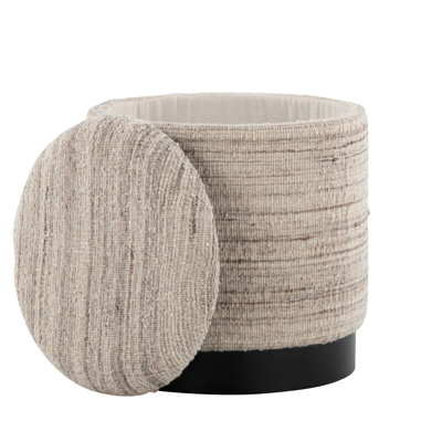 Cream Handwoven Wool 18" Storage On Black Metal Base, 16" Package Width, 17" Depth, 14.25" Inside Removable Lid And For Indoor Use, Lid, 13 Lb Product Weight