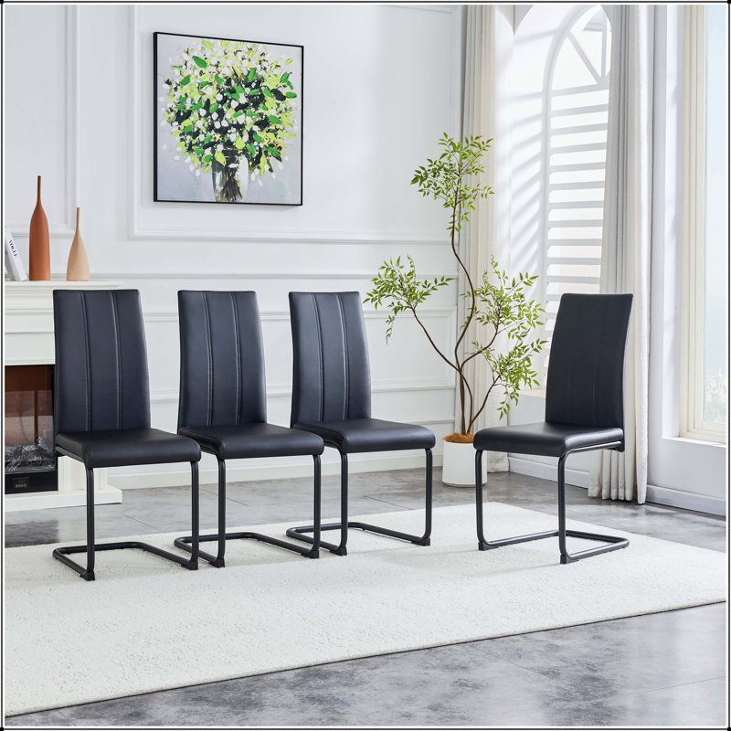 Chaise de salle à manger rembourrée en polyuréthane noir avec pieds thermolaqués noirs - ensemble de 4, Black, Noir, Noir