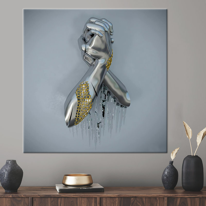 3d Metallic Hand Wall Art, Trendy Artwork, Metallic Hand Art Canvas, Modern Wall Art, 3d Silver Metallic Canvas Art, 3d Effect Printed,