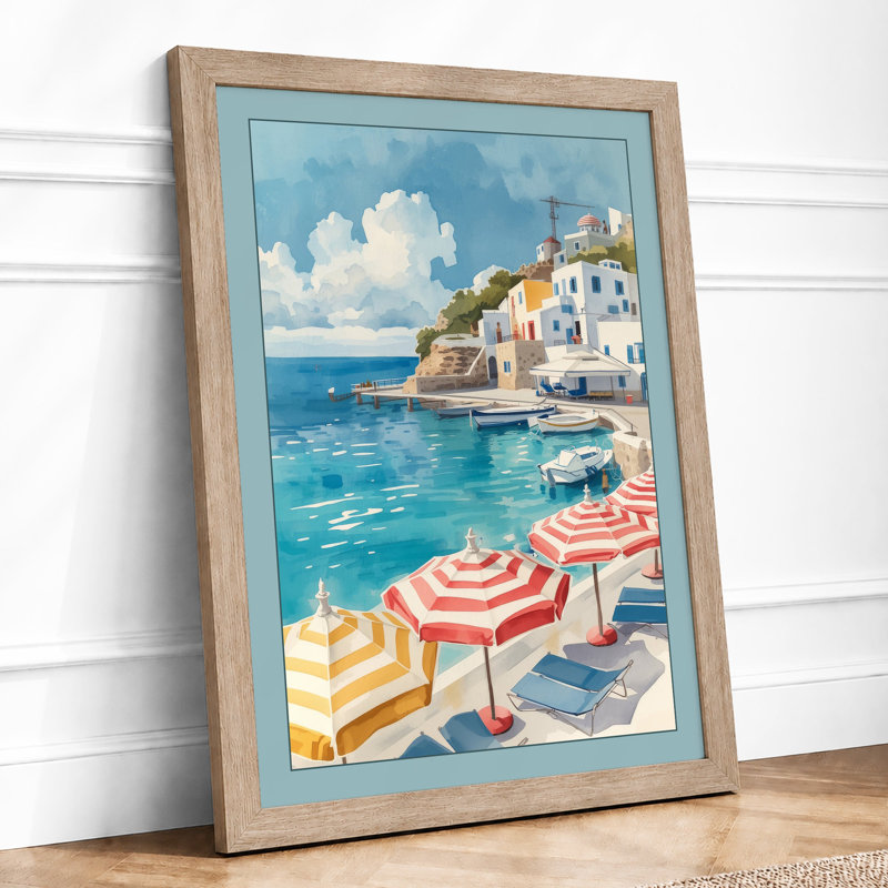 Mediterranean Beach Village Coastal - Framed Print, A3 - 42.0 x 29.7 cm, Oak