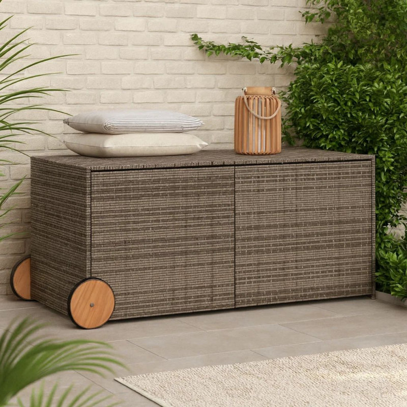Boîte de rangement pour patio Lexie, osier en rotin gris, roulettes, 50 po