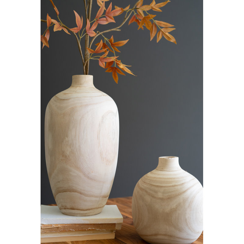 Set of Five Carved Paulownia Wood Round Vases