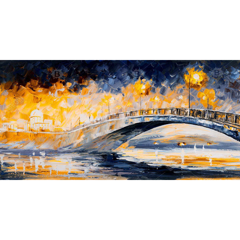 Pont au clair de lune - Art sur toile encadré romantique | Décoration intérieure, H 25,25 po x l 49,25 po