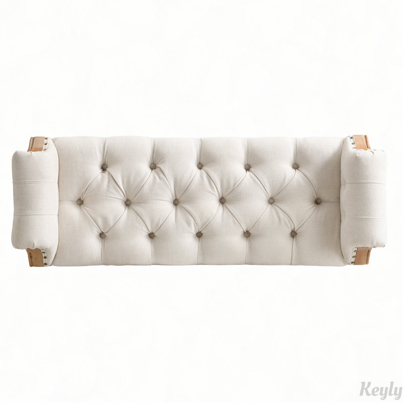 Banc capitonné de style milieu du siècle avec accoudoirs arrondis et pieds en bois massif, Beige, Beige