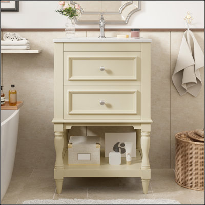 Meuble-lavabo de 20 po avec lavabo en céramique, armoire de rangement au design rétro, tablette ouverte et 2 tiroirs pour les salles de bain modernes