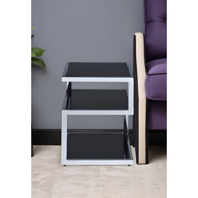 Thane 21" Silver And Black Tempered Glass Square End Table With Two Shelves