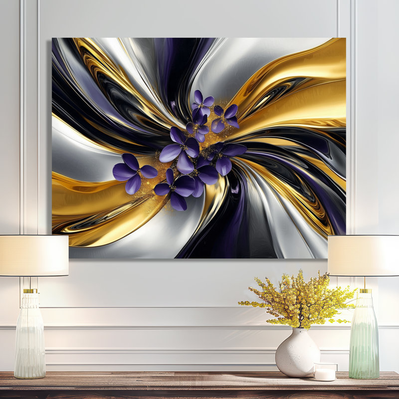 Ridgway, fleurs abstraites sur un sprial or et argent - Fleurs abstraites, art mural, H 34 po x l 44 po, Toile tendue