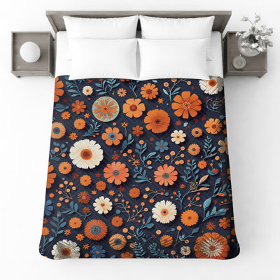 Couvre-lit matelassé orange et bleu à motif floral toutes tailles